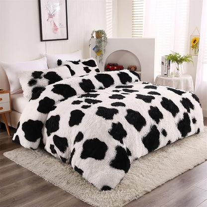 Faux Fur Kids Girls Cow Print Comforter Sets King - 3PC Bed Set Warm Comfortable Soft Plush Flannel Velvet Fluffy Fuzzy Bedding（Comforter x 1 Pillowcases x 2）