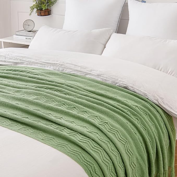 MIULEE Sage Green Knitted Throw Blanket for Couch Textured Spring Knit Blanket with Tassels Cozy Woven Boho Bed Blanket for Sofa Bed Chair Acrylic Wave Pattern 50"x60"