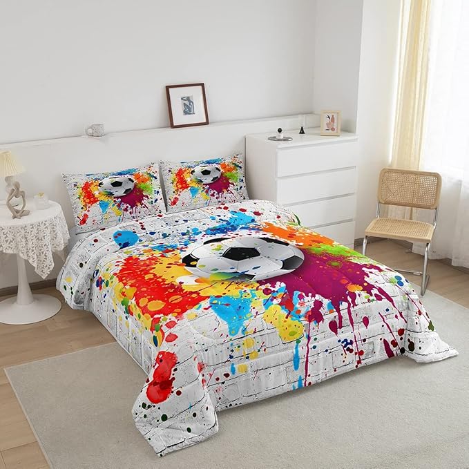 Feelyou Football Bedding Set Rugby Sports Comforter Set Soccer Ball Game Comforter for Boys Girls Teens Decor Gift for Football Lover Duvet Set Twin Size with 1 Pillow Case Boys
