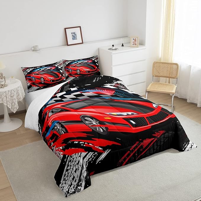 Car Bedding Set for Boys Queen Size Racing Sports Car Comforter Kids Extreme Sports Theme Comforter Set Girls Children Bedroom Teens Cool Speed Automobile Decor Bed Duvet Set Soft Lightweight