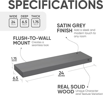 Homeforia 24inch Gray Floating Shelves for Wall, High End Solid Real Wood 24in Floating Shelf for Bathroom, Grey Wooden 24 inch Long Floating Shelves, Heavy Duty Bracket, 24 X 6.5 X 1.75 in, Set of 2