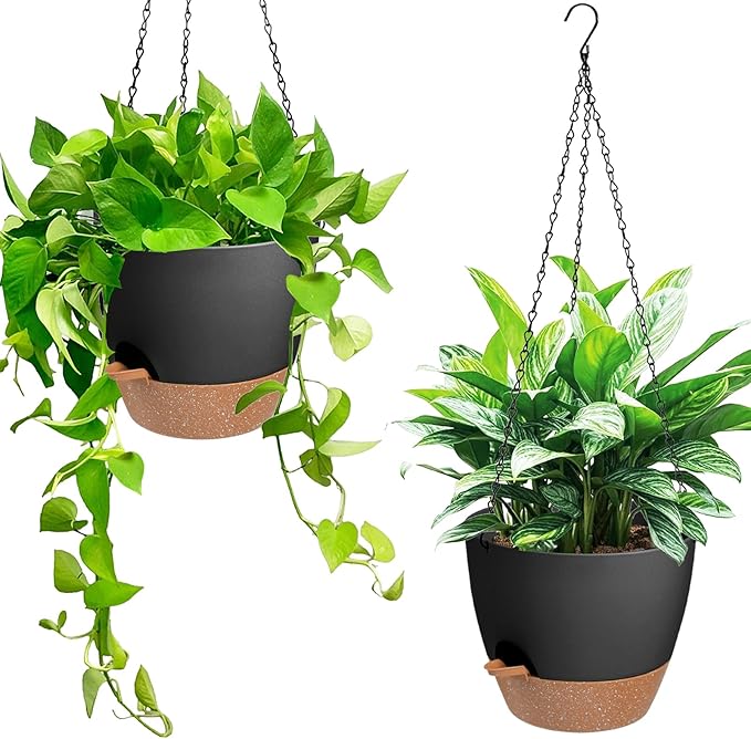 Hanging Planters for Indoor Outdoor Plants, 2 Pack Self Watering Hanging Pot with Drainage Holes & Removable Tray (Black, 6'')