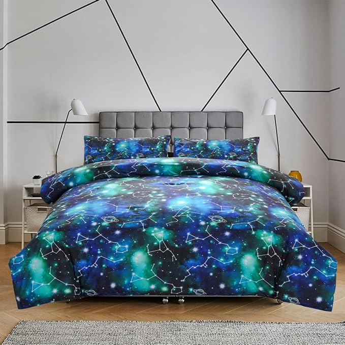 Holawakaka Tie Dye Constellation Print Ombre Comforter Set Twin Size Girls Boys Gradient Galaxy Bedding Set (Black Green,Twin)