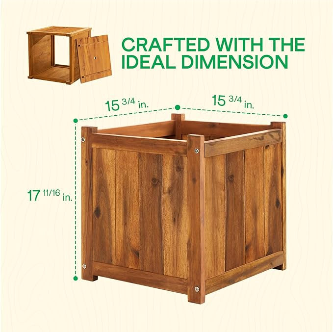 IDZO Set of 2 Acacia Wood Flower Planters for Outdoor Plants, Ergonomic Handles, Drainage Holes, Various Sizes, Ideal for Home Décor, Light Cherry