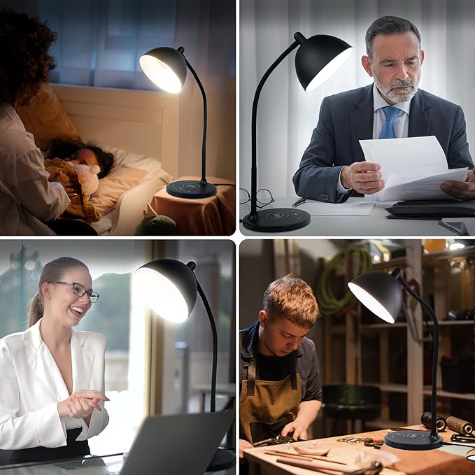 BOHON Desk Lamp, LED Desk Lamp with USB Charging Port, Wireless Charger Desk Light for Home Office, 5 Colors 7 Levels Brightness, Touch Table Lamp for Bedroom Bedside College Dorm Reading, Black