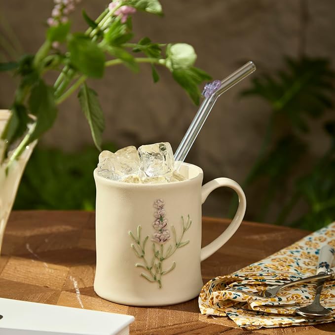 Artisanal Handcrafted Ceramic Mug with Sage Botanical Design - 10oz Off-White Stoneware Coffee Cup, Elegant Purple Sage Pattern, Dishwasher Safe, Comfort Grip Handle for Daily Use-4pack