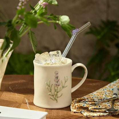 Artisanal Handcrafted Ceramic Mug with Sage Botanical Design - 10oz Off-White Stoneware Coffee Cup, Elegant Purple Sage Pattern, Dishwasher Safe, Comfort Grip Handle for Daily Use-4pack