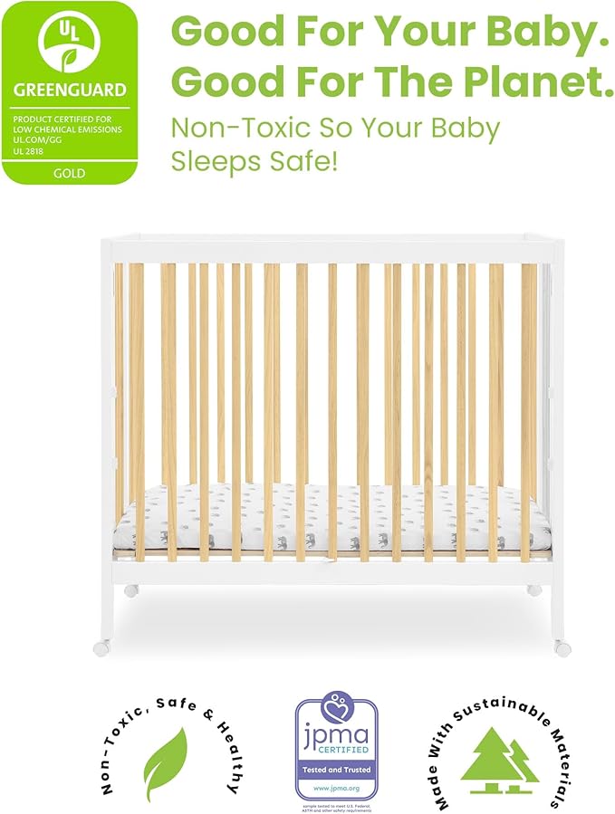 Delta Children Mia Portable Folding Mini Crib with 1.5-Inch Mattress - Greenguard Gold Certified, Bianca White/Natural