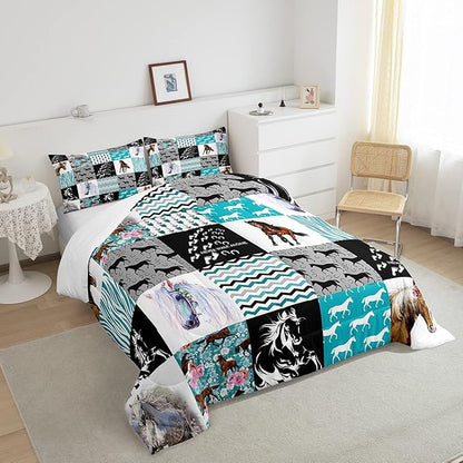 Kawaii Western Bedding,Cute Horse Queen Size Comforter Set For Teen Boys Girls,Rustic Farm Animal Bedding Set Cowboy Cowgirl Boho Comforter Arrow Rose Flower Horseshoe Quilt Set 2 Pillowcases Teal