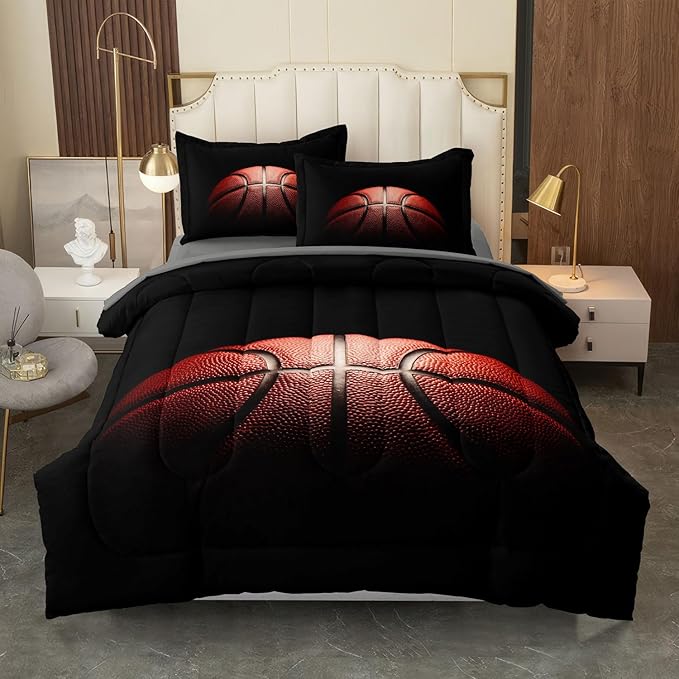 Teenage Boy Bedding Sets Twin 4 Pieces Basketball Comforter Set for Boys Twin Size Bed in a Bag Set, Basketball Bedding Twin, Red Black
