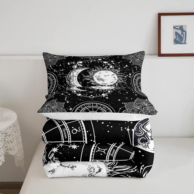 Sun and Moon Bedding Set Constellation Galaxy Comforter for Kids Boys Girls Teens Psychedelic Boho Mandala Comforter Breathable Celestial Duvet Set Black White Room Decor Quilt Cover Full Size