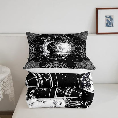 Sun and Moon Bedding Set Constellation Galaxy Comforter for Kids Boys Girls Teens Psychedelic Boho Mandala Comforter Breathable Celestial Duvet Set Black White Room Decor Quilt Cover Full Size
