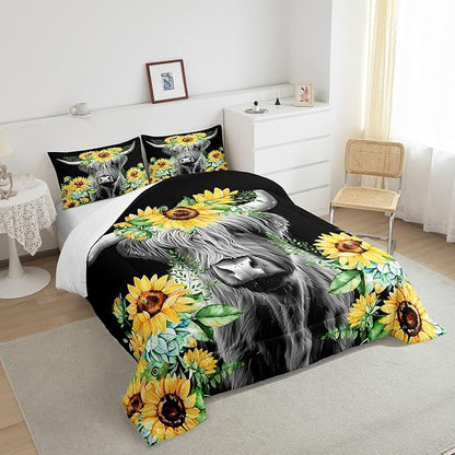 Highland Cow Bedding Set Kids Sunflower Floral Western Cow Bull Comforter Set for Girls Teens Farmhouse Wildlife Animal Comforter Black Duvet Set Room Decor Quilt Set Full Size