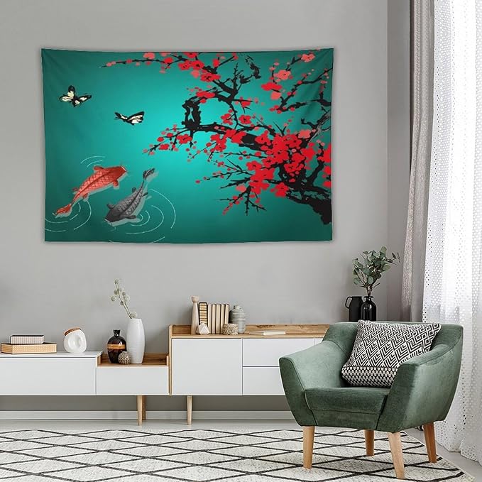 Houselerax Japanese Koi Fish Tapestry, Cherry Blossoms Asian Oriental Green Teal Floral Branch Koi Fish Carp Tapestries Wall Hanging for Bedroom Living Room Office Decor 60"x40"