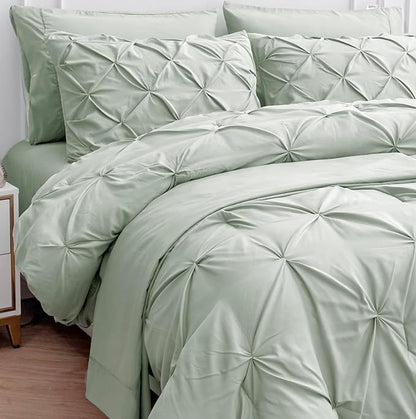 LANE LINEN King Size Comforter Set, 7 Piece Bed in a Bag King Size Set, Pintuck King Bed Set, Soft King Bedding Set, Pinch Pleated King Size Comforter Set with Sheets, Pillowcases & Shams - Mineral
