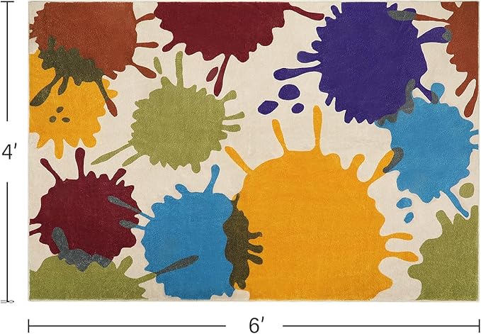 Art Bedroom Rug, 4'x6' Machine Washable Kids Rug for Playroom, Paint Splash Rainbow Area Rug for Classroom, Soft Colorful Living Room Rug Throw Play Mat for Nursery Office Preschool
