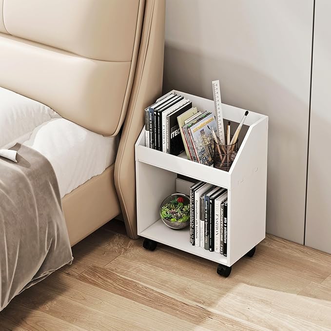 2-Tier Mobile Bookshelf, White Bookcase with Wheels, Rolling File Holder Desk File Book Organizer for Home Office Living Room School