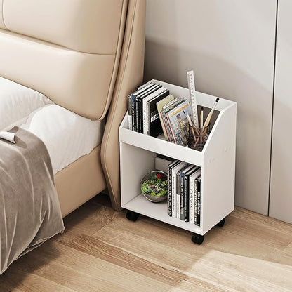 2-Tier Mobile Bookshelf, White Bookcase with Wheels, Rolling File Holder Desk File Book Organizer for Home Office Living Room School