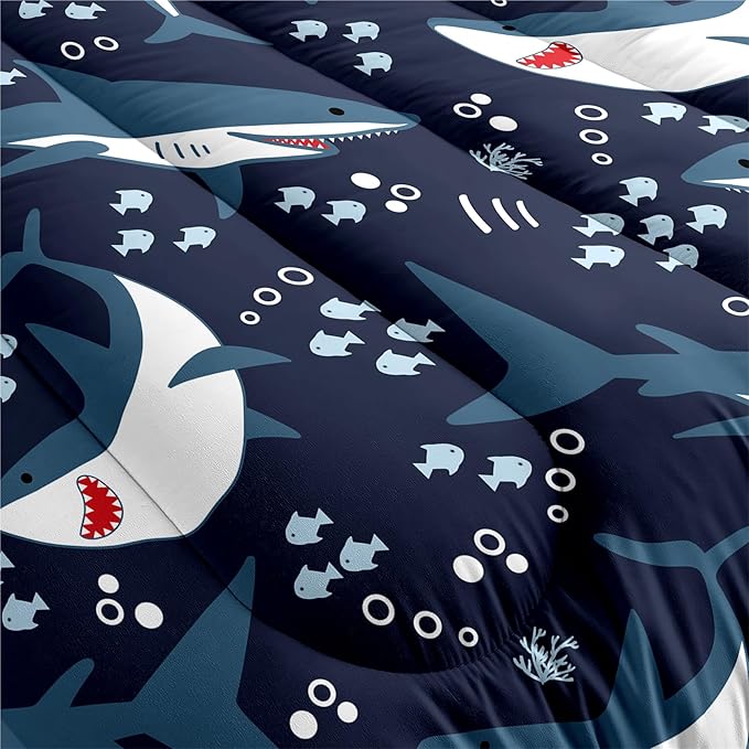 Shark Bedding Set for Boys Bedroom - 3Pcs Full Size Cartoon Sharks Comforter Set for Boys Kids Drak Blue Sea Animal Theme Bedding Set for Kids Room Decor Sharks Pattern Comforter with 2 Pillowcases
