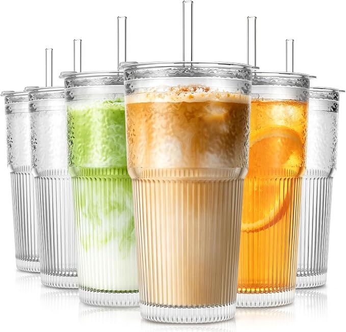 SoulTimes 20oz Wave Ribbed Glass Tumbler with Lid and Straw – Iced Coffee Glasses Cups for Smoothie, Matcha, Juice, Water etc. Leakproof and Reusable Glassware Drinking for Daily & Travel To Go [6Pcs]