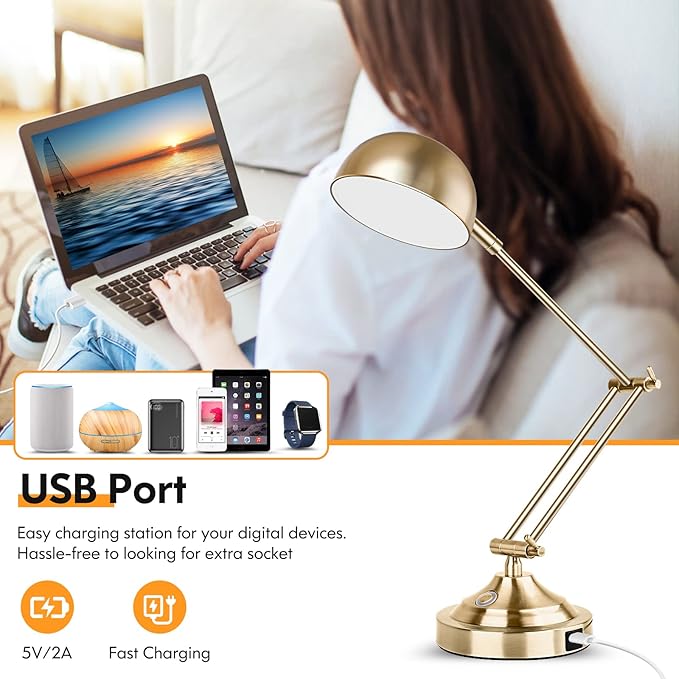 Architect Gold Desk Lamp Dimmable with USB Port, Adjustable Touch Control Vintage Desk Lamp 3 Color Modes, Brass Metal Desk Lamp Retro Style Reading Light for Home Office Desk Bedside Table
