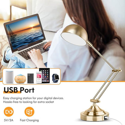 Architect Gold Desk Lamp Dimmable with USB Port, Adjustable Touch Control Vintage Desk Lamp 3 Color Modes, Brass Metal Desk Lamp Retro Style Reading Light for Home Office Desk Bedside Table
