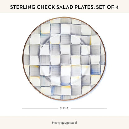 MACKENZIE-CHILDS Enamel Salad and Dessert Plate, Small Plate for a Dessert or Appetizer Dish, 8 Inches, Set of 4, Gray-and-White Sterling Check
