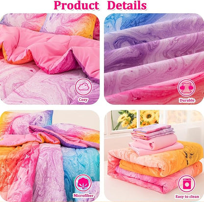 Girls Full Bedding Sets, 6 Pcs Pink Full Szie Comforter Set with Sheets, Watercolor Marble Abstract Art Superior Bedding Set for Girls Kids