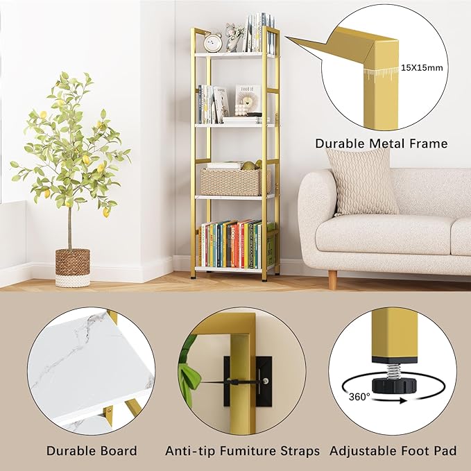 4 Tier Bookshelf, Small Book Shelf Industrial Bookcase, Metal Narrow Book Case Book Storage Organizer,Bookshelves for Bedroom Office Living Room(4 Tier,Gold)