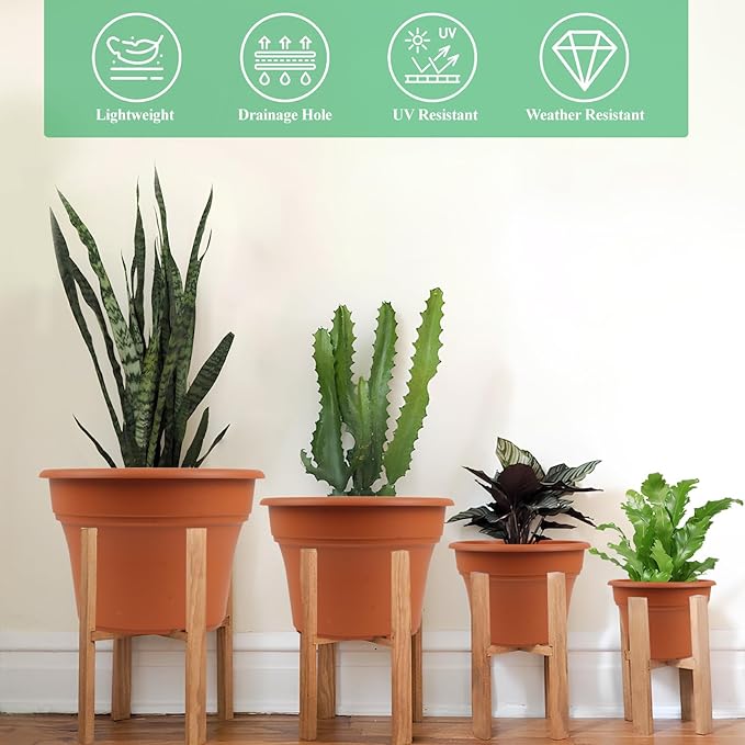 10 Inch Plastic-Flower-Pot-for-Indoor-Plants, 4 Pack Large Outdoor Planter Pot with Drainage Holes & Saucers, Resin Decorative Garden Pots Planters