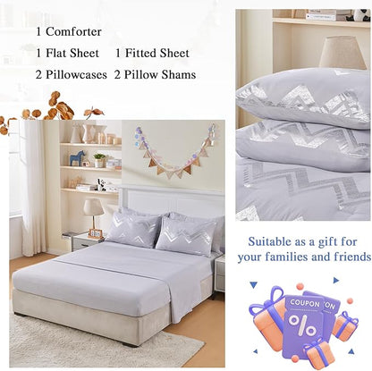 Wowelife 7 Pieces Silver Grey Comforter Set Queen Size Glitter Foil Gray Bedding Set Full Kids Bedroom Comforter Sets with Comforter, Flat Sheet, Fitted Sheet, 2 Pillowcases and 2 Pillow Shams