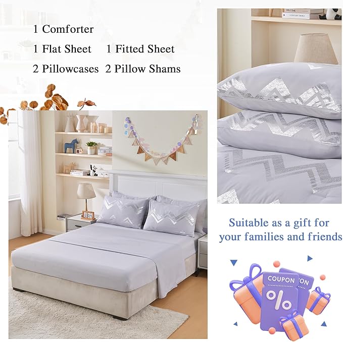 Wowelife Gray Comforter King Size 7 Pieces Silver Glitter Kids Bedding Set Bed in a Bag for Girls with Comforter, Flat Sheet, Fitted Sheet and 2 Pillowcases