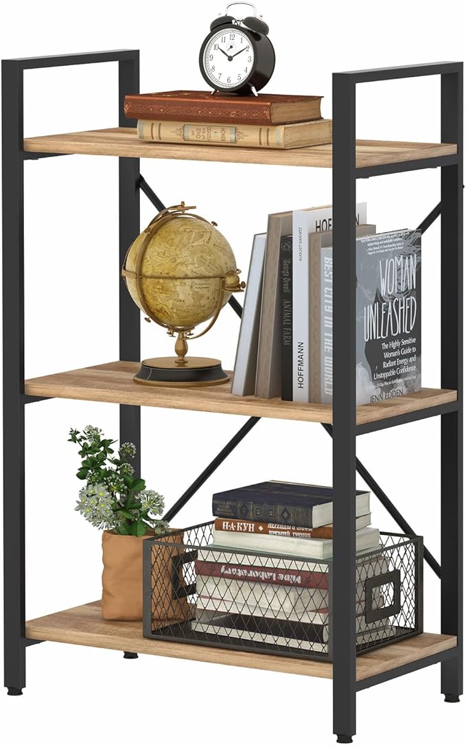 BON AUGURE Industrial 3 Tier Bookshelf, Rustic Small Book Shelves for Small Spaces, Short Wood Metal Etagere Bookcase for Living Room, Bedroom and Office (Vintage Oak)