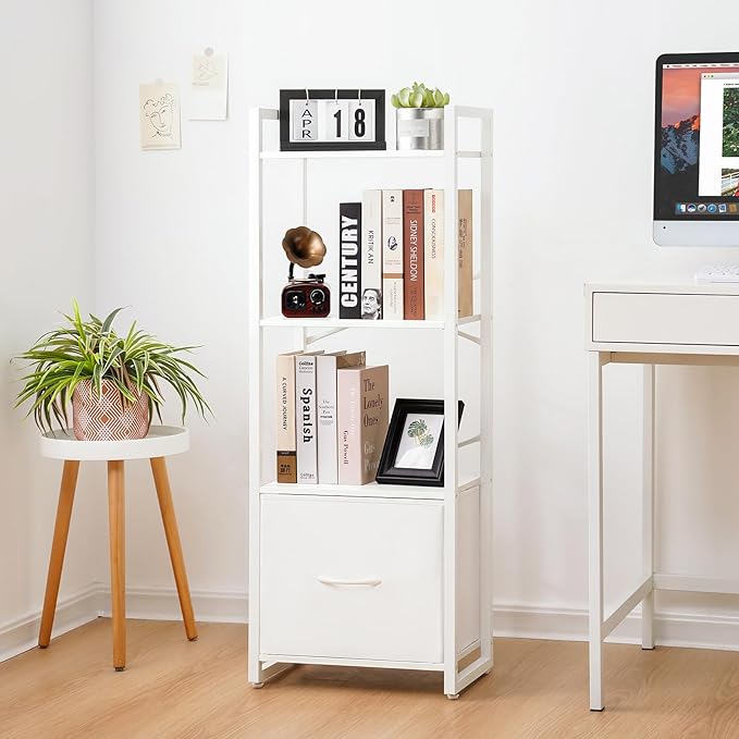 Yoobure Bookshelf, 4 Tier Book Shelf with Drawer, Small Bookcase Narrow Book Case, Industrial Bookshelves Shelf for Bedroom Living Room Office, Book Storage Organizer for CD/Movie White