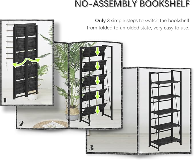 4NM No-Assembly Folding Bookshelf Storage Shelves 5 Tiers Vintage Bookcase Standing Racks Study Organizer Home Office (Gray)