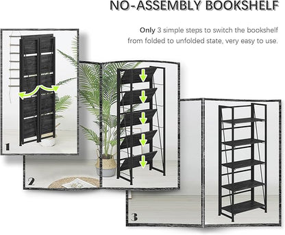 4NM No-Assembly Folding Bookshelf Storage Shelves 5 Tiers Vintage Bookcase Standing Racks Study Organizer Home Office (Gray)
