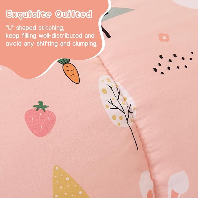 Pink Bunny Kids Comforter Set for Girls Twin, Cute Reversible Quilted Printed Woodland Bedding Set with Pillow Sham, Lightweight Soft Breathable Machine Washable Bed Set 2 Piece