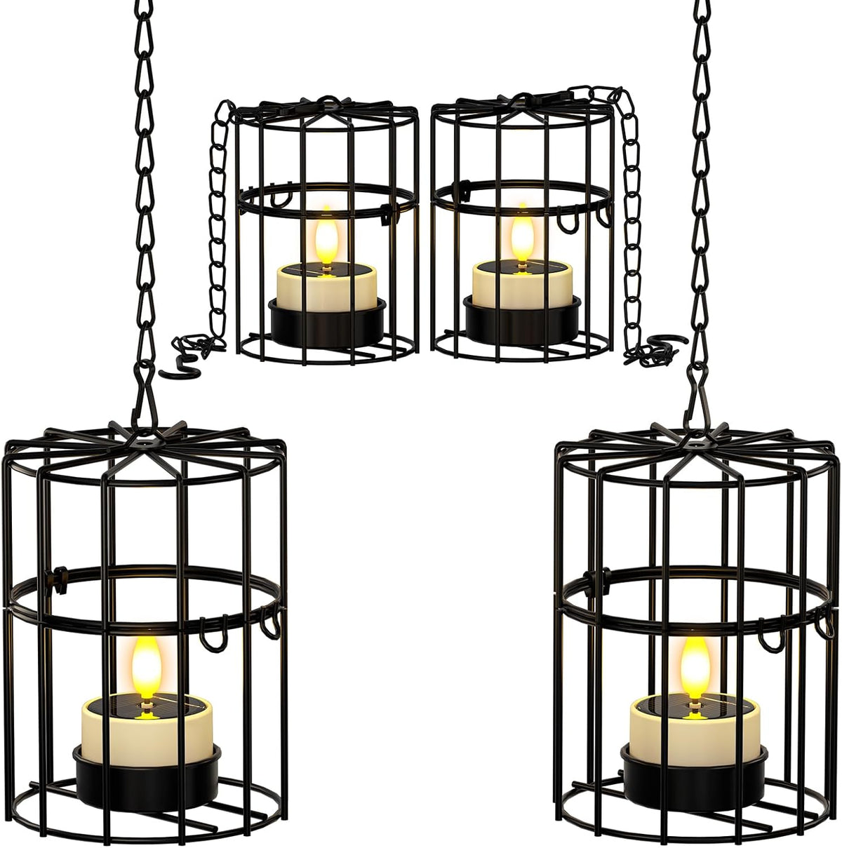 PChero Solar Hanging Lanterns Outdoor Waterproof, 4 Tea Lights, 18.1" Chain | 2 large + 2 small iron holders, flickering LED tea lights, for patio garden tree backyard, 10-12H runtime, removable chain