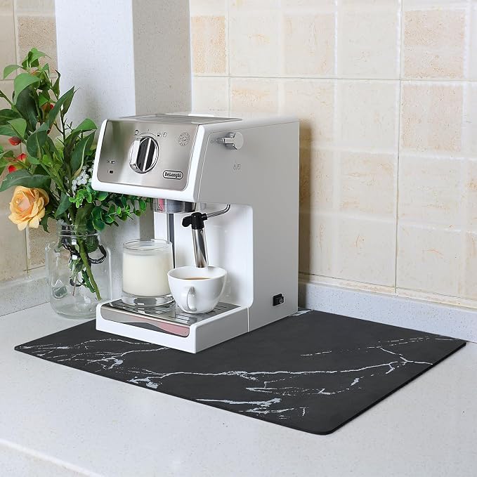 ZLR XXL Coffee Bar Mat for Barista Workstation, 20"x24", Marble Black | Pro Home Cafe Station, Absorbent Dish Drying Mat, Stain-Hiding Top, Fits Multi-Appliance, Cup Display & Knock Box