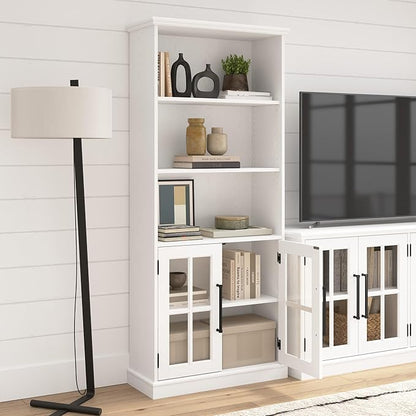 Bush Furniture Westbrook Tall 5 Shelf Bookcase with Glass Doors in White Ash | Farmhouse Bookshelf Cabinet for Living Room and Home Office