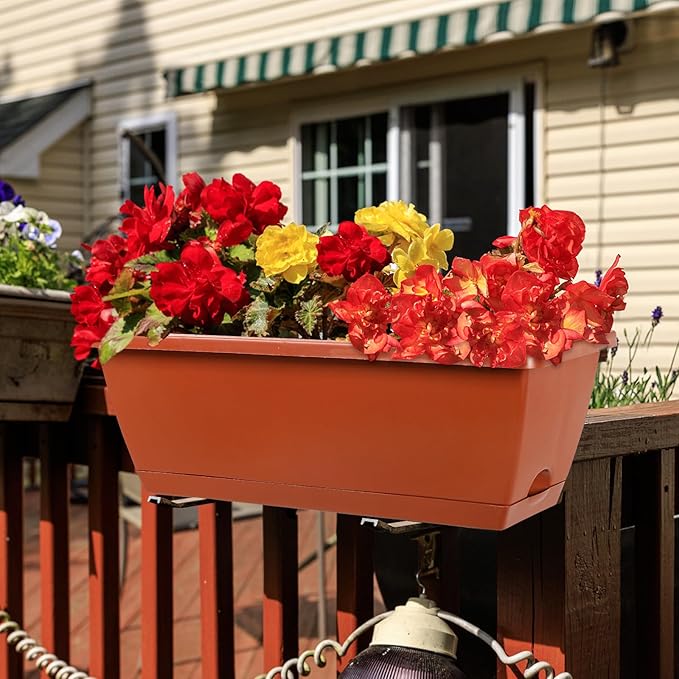 12Pcs 17Inches Rectangle Planter Box with Drainage Holes and Trays Plastic Planters Flower Boxes Pots for Indoor Outdoor Plants Patio Garden Home Decor Porch Yard (Red)