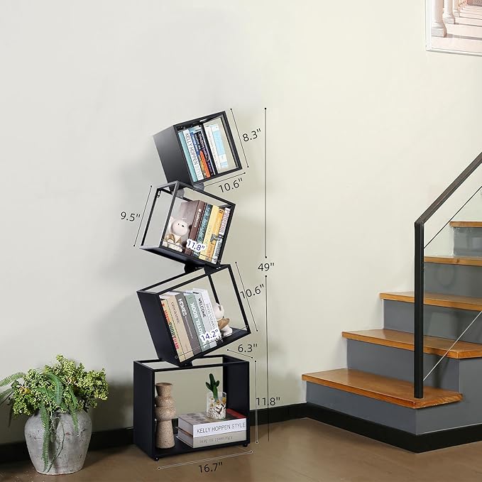 Bookshelf, 4-Tier Bookcase Black, 49'' Tall Black Bookshelf, Industrial Bookshelf, Modern Book Shelf, Storage Shelves for CDs/Books/Home Decor, Display Shelf for Living Room, Office