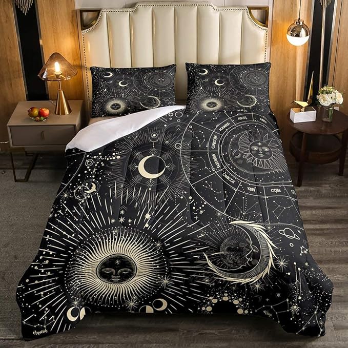 Erosebridal Bohemian Sun Moon Comforter Set Twin Size, Constellation Down Comforter, Starry Sky Quilted Duvet, Exotic Style Black Room Decor Duvet Insert,Super Soft Breathable