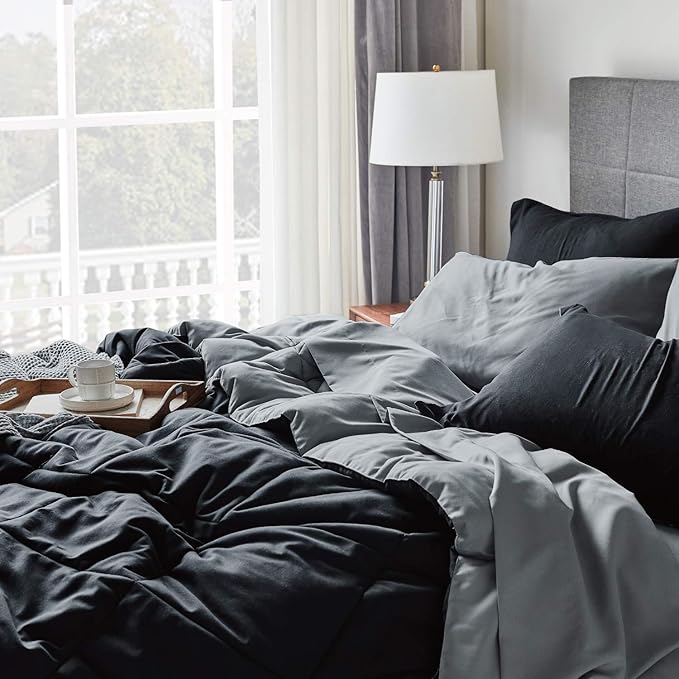 Bedsure Black California King 7 Pieces Reversible Bed Set Bed in a Bag with Comforters, Sheets, Pillowcases & Shams, Bedding Sets
