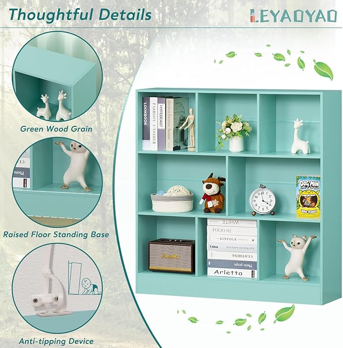 LEYAOYAO 8 Cube Bookshelf with Base,3 Tier Modern Mint-Green Kids Bookcase,Standing Wide Bookshelves Storage Organizer Toy Shelf,Wood Display Children's Book Shelves for Bedroom,Living Room,Nursery