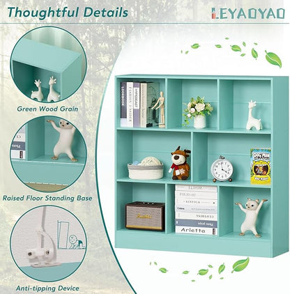 LEYAOYAO 8 Cube Bookshelf with Base,3 Tier Modern Mint-Green Kids Bookcase,Standing Wide Bookshelves Storage Organizer Toy Shelf,Wood Display Children's Book Shelves for Bedroom,Living Room,Nursery
