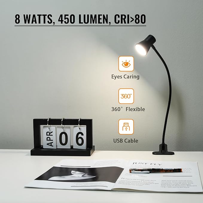 Clip Desk Lamp, USB Reading Light, Flexible Neck Led Clamp Light with 3 Color Temperature Options, 10 Dimmable Brightness Levels for Working, Studying (8W)