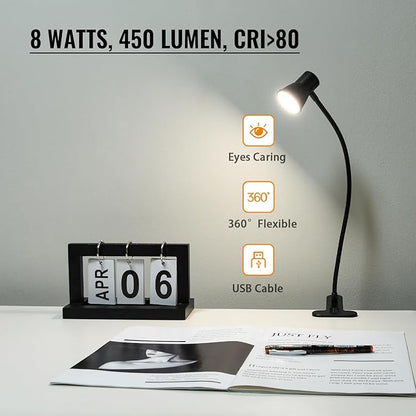 Clip Desk Lamp, USB Reading Light, Flexible Neck Led Clamp Light with 3 Color Temperature Options, 10 Dimmable Brightness Levels for Working, Studying (8W)