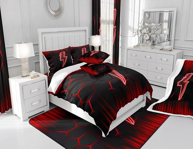 Feelyou Game Flash Bedding Set Full Size Boys Girls Ombre Comforter Set for Kids Honeycomb Comforter Red Black Duvet Set Room Decor Quilt Set