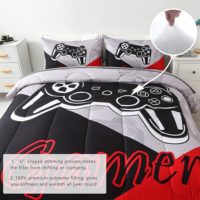 KAKKI 4 Piece Boys Twin Gamer Comforter Set with Sheets, 3D Colorful Video Game Controller Comforter for Kids Teen, All Season Soft Microfiber Gaming Bedding Set(Red,Twin)